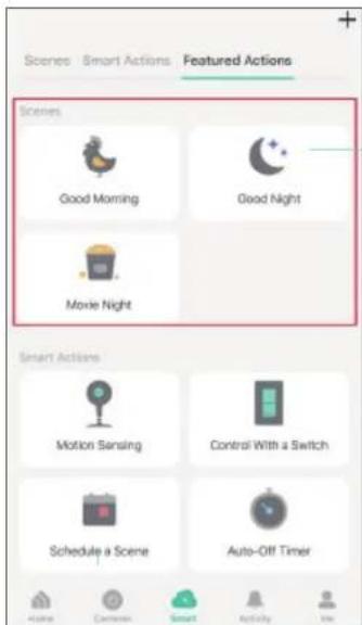 Scenes Smart Actions Featured Actions Scenes Good Morning Good Night Movie Night Smart Actions Motion Sensing Control With a Switch Schedule a Scene Auto-Off Timer