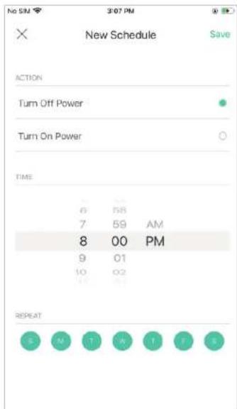 No SM 3:07 PM X New Schedule Save ACTION Turn Off Power Turn On Power TIME 6 58 7 59 AM 8 00 PM 9 01 10 02 REPEAT S M T R T F S