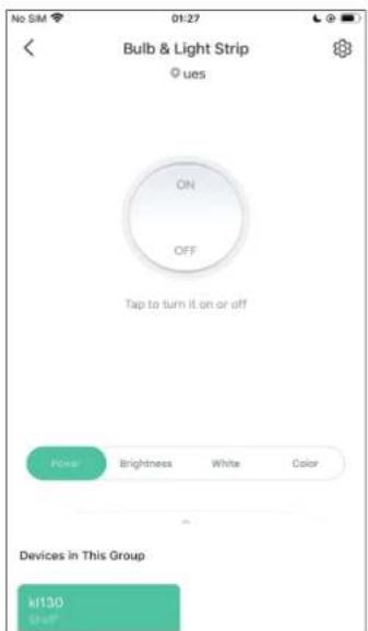 No SIM 01:27 Bulb & Light Strip © ues ON OFF Tap to turn it on or off Polar Brightness White Color Devices in This Group k130 Shelf