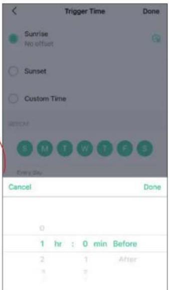 Trigger Time Done Sunrise No offset Sunset Custom Time SETCAP S M T W T F S Every day Cancel Done 0 1 hr : 0 min Before 2 1 After 3 2 4 1