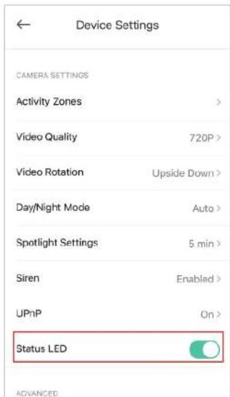 Device Settings CAMERA SETTINGS Activity Zones > Video Quality 720P > Video Rotation Upside Down > Day/Night Mode Auto > Spotlight Settings 5 min > Siren Enabled > UPnP On > Status LED ADVANCED