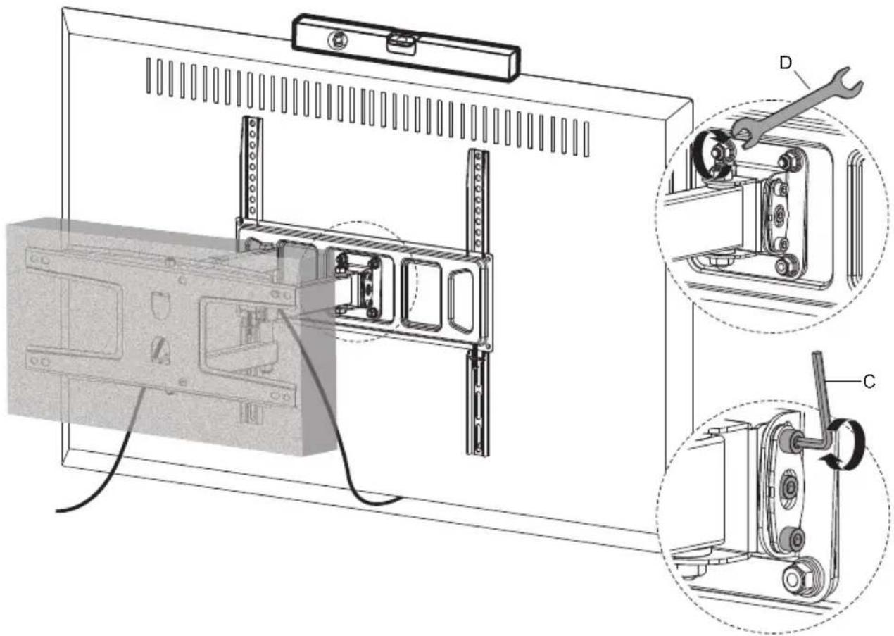 Technical diagram showing assembly of a monitor with labeled parts and tool path, including D, C, and mechanical components.