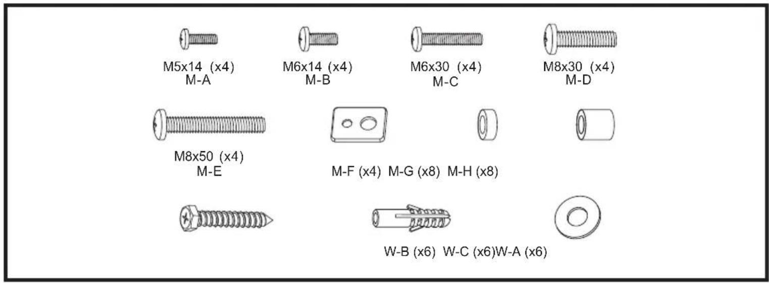 M5x14 (x4) M-A M6x14 (x4) M-B M6x30 (x4) M-C M8x30 (x4) M-D M8x50 (x4) M-E M-F (x4) M-G (x8) M-H (x8) W-B (x6) W-C (x6)W-A (x6)