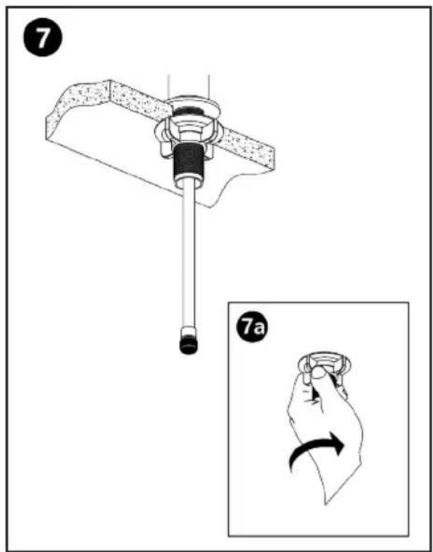 Technical diagram showing a mechanical device with labeled parts and a magnified view of the hand holding a ring.