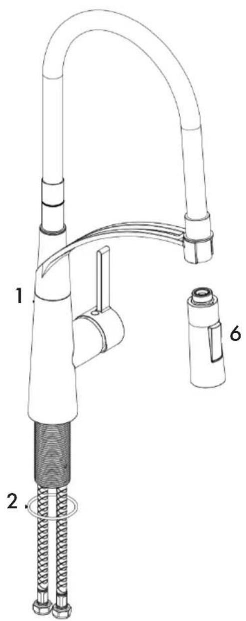 Technical diagram of a kitchen sink with labeled parts 1, 2, and 6
