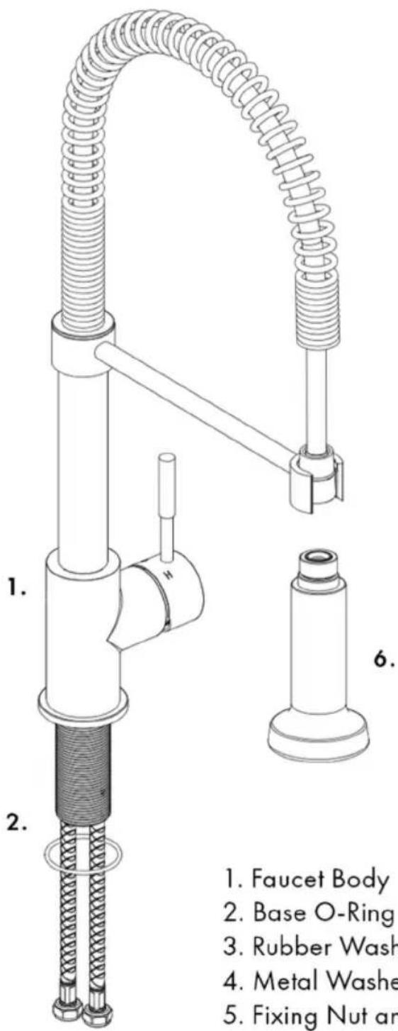 1. Faucet Body 2. Base O-Ring 3. Rubber Wash 4. Metal Washe 5. Fixing Nut an