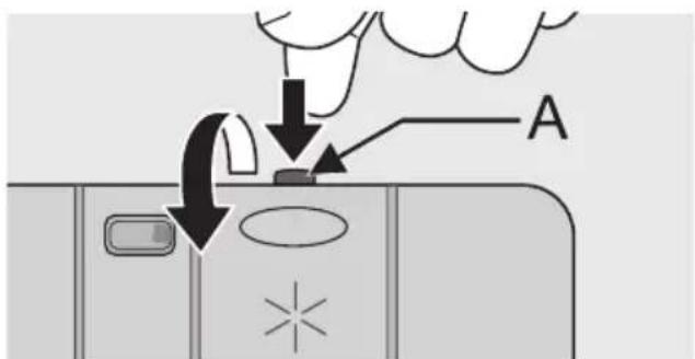 Diagram showing a device with labeled components and directional arrows, including a label 'A' pointing to a component.