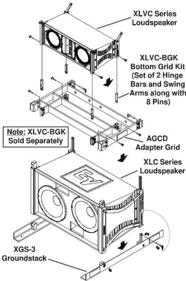 XLVC Series Loudspeaker XLVC-BGK Bottom Grid Kit (Set of 2 Hinge Bars and Swing Arms along with 8 Pins) Note: XLVC-BGK Sold Separately AGCD Adapter Grid XLC Series Loudspeaker XGS-3 Groundstack