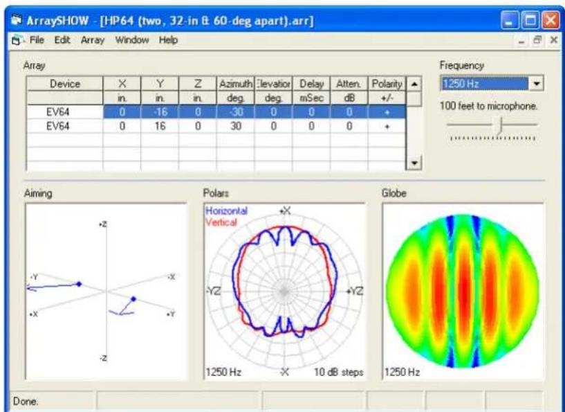 ArraySHOW - [HP64 (two, 32-in & 60-deg apart).arr] File Edit Array Window Help Array Device X Y Z Azimuth levation Delay Atten.Polarity [in. basis in. in. deg deg mSec dB +/-] EV64 0 -16 0 -30 0 0 0 * EV64 0 16 0 30 0 0 0 + Aiming Polars Globe -Y -X -HY -YZ -YZ - 1250 Hz 10 dB steps 1250 Hz Done.
