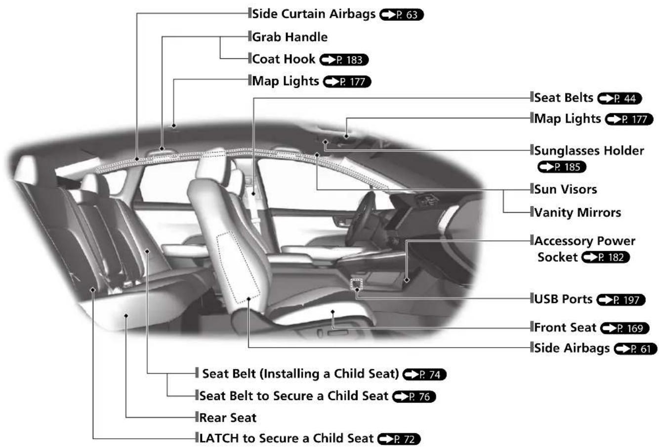 Side Curtain Airbags → P. 63 Grab Handle Coat Hook → P. 183 Map Lights → P. 177 Seat Belts → P. 44 Map Lights → P. 177 Sunglasses Holder → P. 185 Sun Visors Vanity Mirrors Accessory Power Socket → P. 182 USB Ports → P. 197 Front Seat → P. 169 Side Airbags → P. 61 Seat Belt (Installing a Child Seat) → P. 74 Seat Belt to Secure a Child Seat → P. 76 Rear Seat LATCH to Secure a Child Seat → P. 72