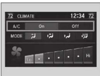 72 CLIMATE 12:34 72 A/C On Off MODE Lo Hi