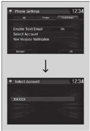 Phone Settings 12:34 AB Phone Text/Email Enable Text/Email On Select Account New Message Notification Default OK Select Account 12:34 XXXXX