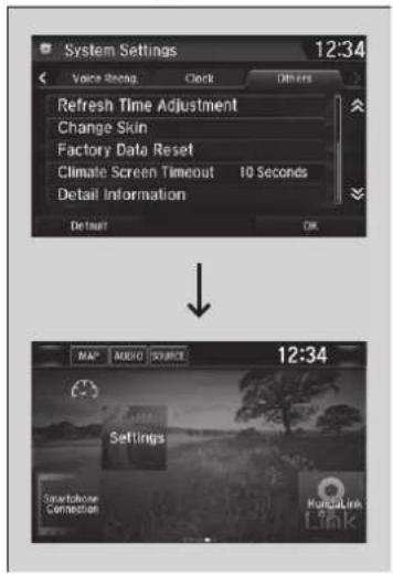 System Settings 12:34 Voice String Clock Others Refresh Time Adjustment Change Skin Factory Data Reset Climate Screen Timeout 10 Seconds Detail Information Default OK 12:34 MAP® AUDIO SOURCE Settings Smartphone Connection RuralLink Link