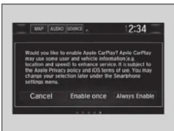 2:34 Would you like to enable Apple CarPlay? Apple CarPlay may use some user and vehicle information (e.g. location and speed) to enhance service. It is subject to the Apple Privacy policy and iOS terms of use. You may change your selection later under the Smartphone settings menu. Cancel Enable once Always Enable