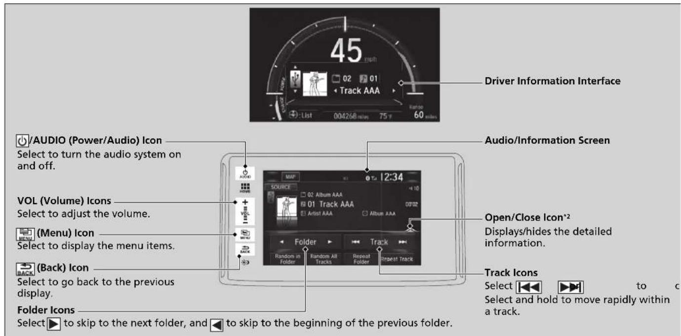 Driver Information Interface /AUDIO (Power/Audio) Icon Select to turn the audio system on and off. VOL (Volume) Icons Select to adjust the volume. excess (Menu) Icon Select to display the menu items. (Back) Icon Select to go back to the previous display. Folder Icons Select ▶ to skip to the next folder, and ◀ to skip to the beginning of the previous folder. Audio/Information Screen Open/Close Icon*2 Displays/hides the detailed information. Track Icons Select ▶ to Select and hold to move rapidly within a track.