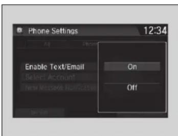 Phone Settings 12:34 Enable Text/Email Select Account New Message Notification On Off
