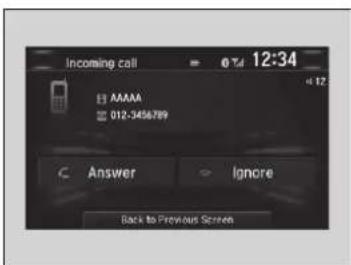 Incoming call 12:34 AAAA 012-3456789 Answer Ignore Back to Previous Screen