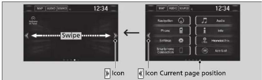 MAP AUDIO SOURCE 12:34 Language of Pines Swipe Icon Icon Current page position MAP AUDIO SOURCE 12:34 Navigation Audio Phang Info Settings Homebox Smartphone Connection App List