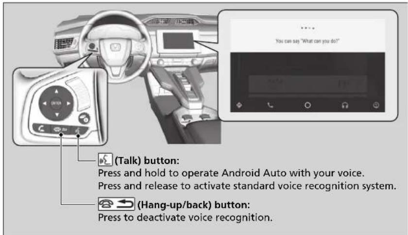 (Talk) button: Press and hold to operate Android Auto with your voice. Press and release to activate standard voice recognition system. (Hang-up/back) button: Press to deactivate voice recognition.