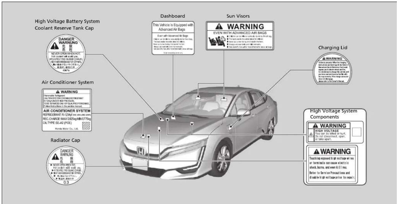 High Voltage Battery System Coolant Reserve Tank Cap DANGER WARNING NO. 0.3 NEVER OPEN WHEN HOT. Hot coolant will allow you, NEUVREZ PAS QUADI CHARGE, METHI REBEERMO MOTOR OTHER, 真悬灯，请勿打来。 40Hz/100 Dashboard This Vehicle is Equipped with Advanced Air Bags Even with Advanced Air Bags ● Offshore cars can be allowed to operate at the front ring. ● The back lock will be allowed to operate at the rear ring. ● Power cut a working hold or switch to the front. ● Heavy power switch or high voltage. ● Se power cut a lower level of operation at the rear ring. Sun Visors WARNING EVEN WITH ADVANCED AIR BAGS ● Offshore cars can be allowed to operate at the front ring. ● The back lock will be allowed to operate at the rear ring. ● Power cut a working hold or switch to the front. ● Heavy power switch or high voltage. ● Se power cut a lower level of operation at the rear ring. Charging Lid WARNING Please be protected while the charging institutions and charging in the German Marcellus Bank Services Card must sempire you to operate at the front ring. Do not adapt to charge live vehicle until you have next and reverse full load with the support. If the charge sensor is are not being tested. Please refer to the German's motor... Air Conditioner System WARNING Ferritable Refrigerant CAL-DOMINI-DRUMING REFRIGERANT IN 200V UNDER HEIP PRESSURE. TOILE SERVICE ONLY BY QUALIFERPersonNEL Follow instructions in the engine manual. AIR CONDITIONER SYSTEM REFRIGERANT: R-123My DC & DR-UN DASH REC. CHARGE MAX 0.025g MIN 0.775g OIL TYPE: SE-A2 (POE) Honda Motor Co., Ltd. Radiator Cap WARNING ▲ 高 Voltage System Components WARNING HIGH VOLTAGE You can be killed or hurt, Do not disconnect, open, or take apart. ▲ WARNING Touching exposed high voltage wires or terminals can cause electric shock, burns, and even kill you. Refer to Service Precautions and disable high voltage prior to repair.