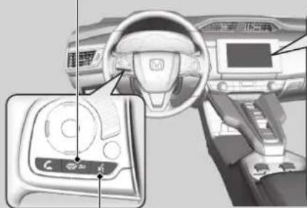 Car interior diagram with labeled controls and dashboard, showing a car's steering wheel and dashboard display.
