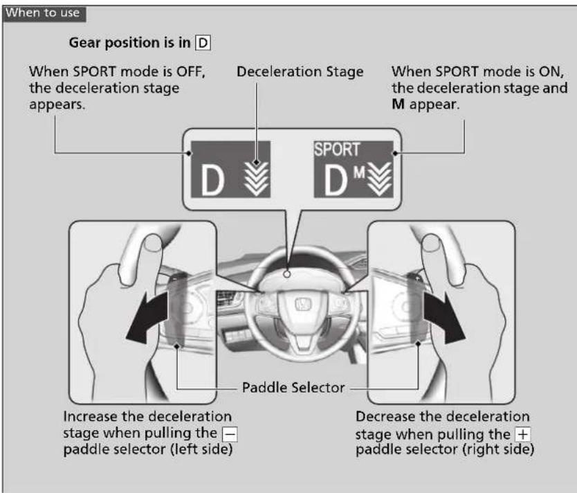 When to use Gear position is in D When SPORT mode is OFF, the deceleration stage appears. Deceleration Stage When SPORT mode is ON, the deceleration stage and M appear. D SPORT D M Paddle Selector Increase the deceleration stage when pulling the — paddle selector (left side) Decrease the deceleration stage when pulling the + paddle selector (right side)