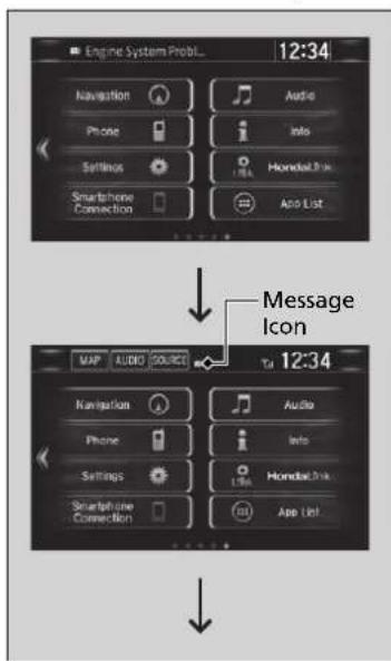 Engine System ProbL_ 12:34 Navigation Audio Phone Info Settings Horizontal Smartphone Connection App List Message Icon MAP AUDIO SOURCE To 12:34 Navigation Audio Phone Info Settings Horizontal Smartphone Connection App List