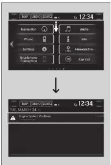 MAP AUDIO SOURCE 12:34 Navigation Audio Phone Info Settings Honeybox Smartphone Connection App List TUE, MARCH 24 12:34 Engine System Problems