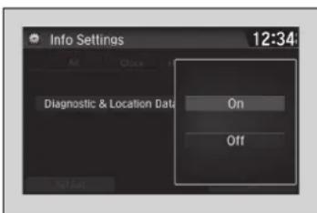 Info Settings 12:34 All Close Diagnostic & Location Data On Off