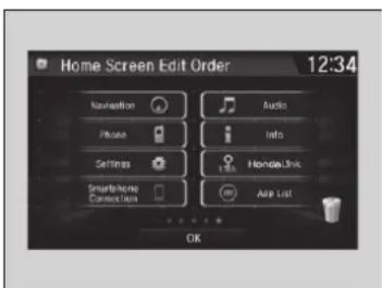 Home Screen Edit Order 12:34 Navigation Audio Phone Info Settings HomeLine Smartphone Connection App List OK