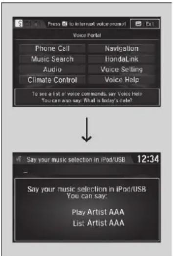 Press to interrupt voice prompt Voice Portal Phone Call Music Search Audio Climate Control Navigation HondaLink Voice Setting Voice Help To see a list of voice commands, say Voice Help You can also say: What is today's date? Say your music selection in iPod/USB 12:34 Say your music selection in iPod/USB You can say: Play Artist AAA List Artist AAA