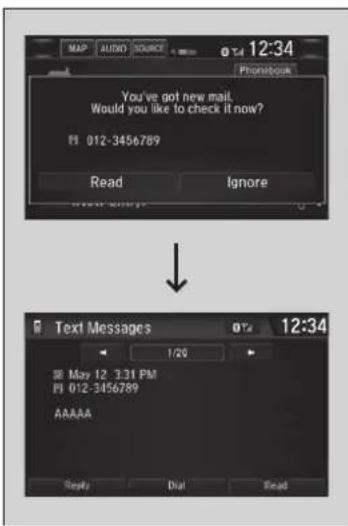 12:34 You've got new mail. Would you like to check it now? Hi 012-3456789 Read Ignore Text Messages 0% 1/20 May 12 3:31 PM Hi 012-3456789 AAAAA Reply Dial Read