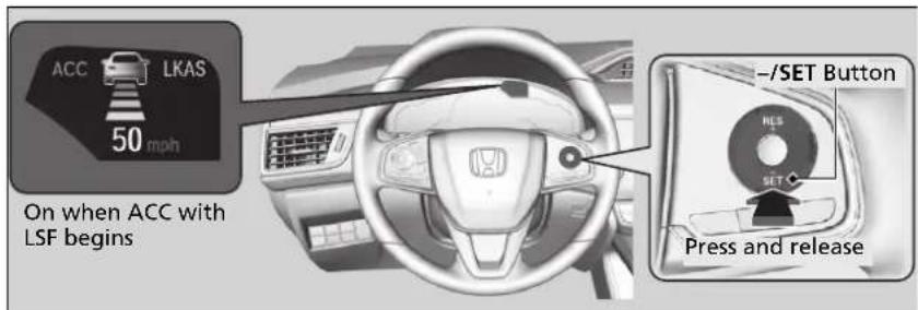 ACC LKAS 50 mph On when ACC with LSF begins -/SET Button RES SET Press and release