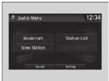Audio Menu 12:34 Bookmark Station List New Station Switch USB device Sound Setting