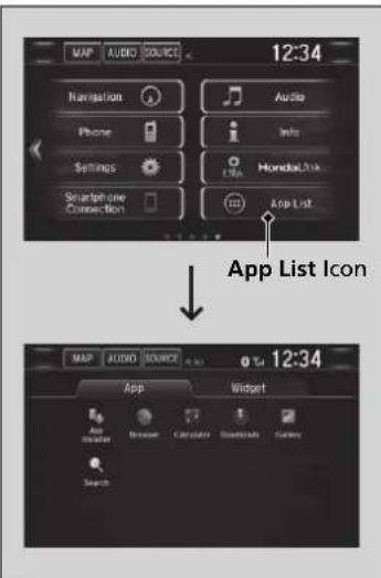 12:34 Navigation Audio Phone Info Settings HondaLink Smartphone Connection App List Icon 12:34 APP AUDIO SOURCE App Widget App Search