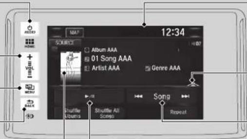 AUDIO HOME VOLUME MENU MIX SOURCE Album AAA 01 Song AAA Artist AAA Genre AAA 12:34 Song Repeat Shuffle All Albums Shuffle All Songs
