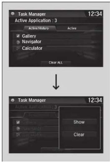 Task Manager 12:34 Active Application : 3 Active/History Active Gallery Navigator Calculator Clear ALL Task Manager 12:34 Active Application : 3 Show Clear