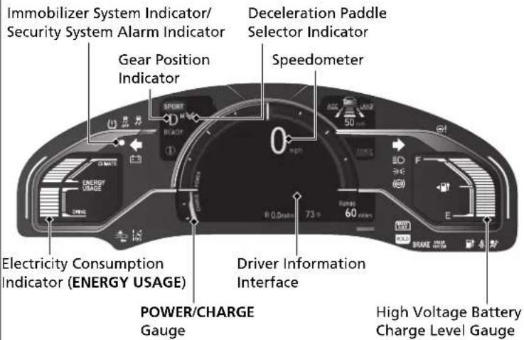 Immobilizer System Indicator/ Security System Alarm Indicator Gear Position Indicator Speedometer Deceleration Paddle Selector Indicator 0 mph F SAG E POWER/CHARGE Gauge Driver Information Interface Electricity Consumption Indicator (ENERGY USAGE) High Voltage Battery Charge Level Gauge