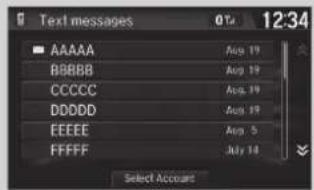 Text messages 014 12:34 AAAAA Aug 19 BBBBB Aug 19 CCCCC Aug 19 DDDDD Aug 19 EEEE Aug 5 FFFFF July 14 Select Account