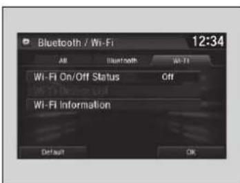 Bluetooth / Wi-Fi 12:34 All Bluetooth Wi-Fi Wi-Fi On/Off Status Off Wi-Fi Information Default Ok