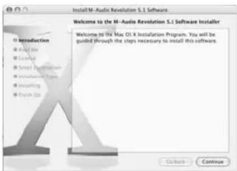 Install M-Audio Revolution S.1 Software Welcome to the M-Audio Revolution S.1 Software Installer Welcome to the Mac OS X Installation Program. You will be guided through the steps necessary to install this software. Introduction • Drag file • Lockbox • Select Destination • Installable Type • Insulating • Open Up OK Back Continue