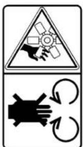 Warning sign with triangular warning triangle and circular symbol, plus hand gesture and circular motion arrows