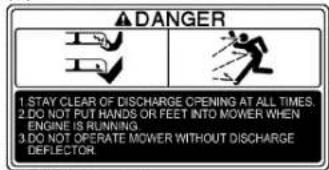 ▲DANGER 1 STAY CLEAR OF DISCHARGE OPENING AT ALL TIMES. 2 DO NOT PUT HANDS OR FEET INTO MOWER WHEN ENGINE IS RUNNING. 3 DO NOT OPERATE MOWER WITHOUT DISCHARGE DEFLECTOR.