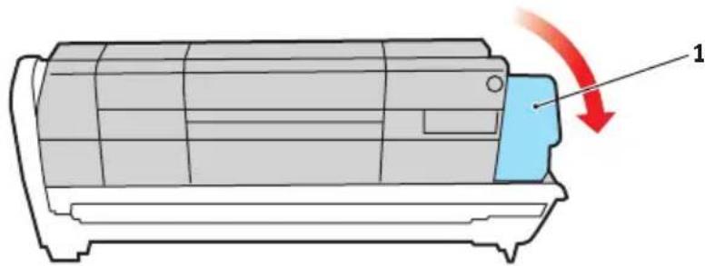 Diagram of a cylindrical device with a blue component and red arrow indicating rotation or movement, labeled with number 1.
