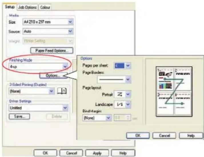 Setup Job Options Colour Media Size: A4 210 x 297 mm Source: Auto Weight: Filter Setting Paper Feed Options... Finishing Mode 4x3 Options... 2-Sided Printing (Duplex) (None) Driver Settings Untitled Save... Delete Options Pages per sheet: Page Borders: Page layout: Patial Landscape Bind Margin: (None) OK Cancel Help OK Cancel Apply Help