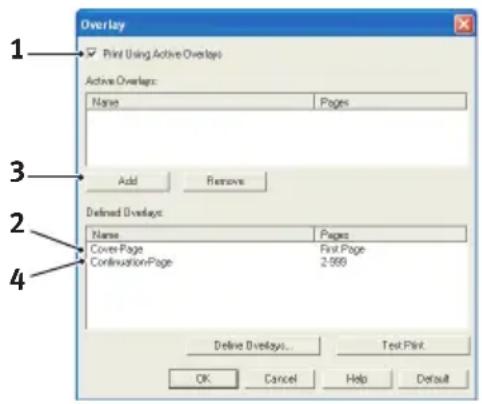 Overlay 1 Print Using Active Overlaps Active Overlaps: Name Pages Add Remove Defined Overlaps: Name Pages Cover Page Frist Page ContinuationPage 2.999 Define Overlaps...也有 Test Print OK Cancel Help Default