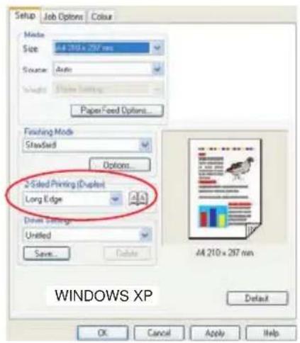 Setup Job Options Colour Mode Size 44 210 x 257 mm Source: Auto Weight: Static Settings Paper Feed Options... Fitting Mode Standard Options... 2-Sided Printing (Duplex) Long Edge Driver Settings Unified Save... Delete 44 210 x 257 mm WINDOWS XP Default OK Cancel Apply Help