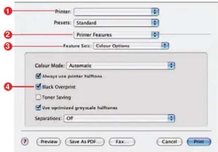Printer: Presets: Standard Printer Features Feature Sets: Colour Options Colour Mode: Automatic Always use printer halftone Black Overprint Toner Saving Use optimized greyscale halftones Separations: Off Preview Save As PDF... Fax... Cancel Print