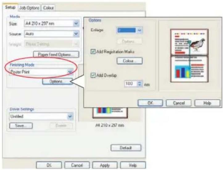 Setup Job Options Colour Media Size: A4 210 x 297 mm Source: Auto Weight: Double Settings Paper Feed Options... Finishing Mode Router Print Options Options Enlarged Add Registration Marks Colore... Add Overlap 100 mm OK Cancel Help Driver Settings Untitled Save... Delete... A4 210 x 297 mm Default OK Cancel Apply Help