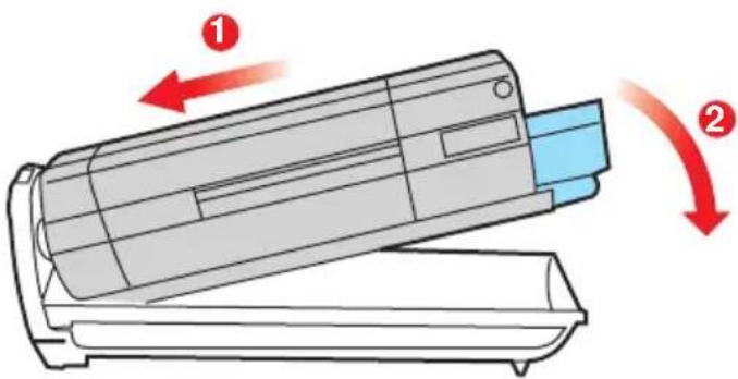 Diagram showing a device being inserted into a tray, with labeled arrows indicating process flow.